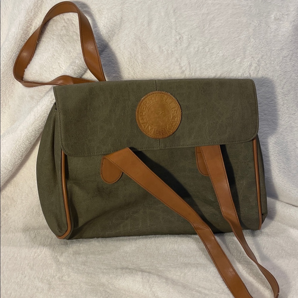VTG Perry Ellis Olive Green and Tan Leather Shoulder Bag